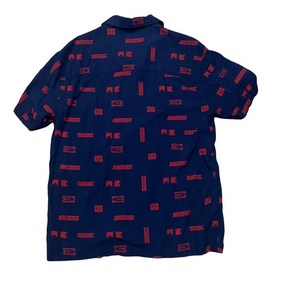 Scotch & Soda Ams Blauw Mens Short Sleeve Shirt Navy With Red Print Viscose Butt - Picture 2 of 6